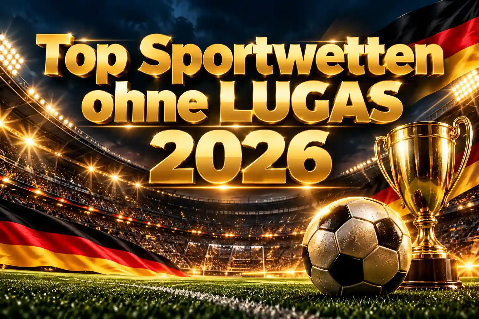 Top Sportwetten ohne LUGAS 2026 – Goldener Schriftzug mit Fußballstadion, Pokal und deutscher Flagge
