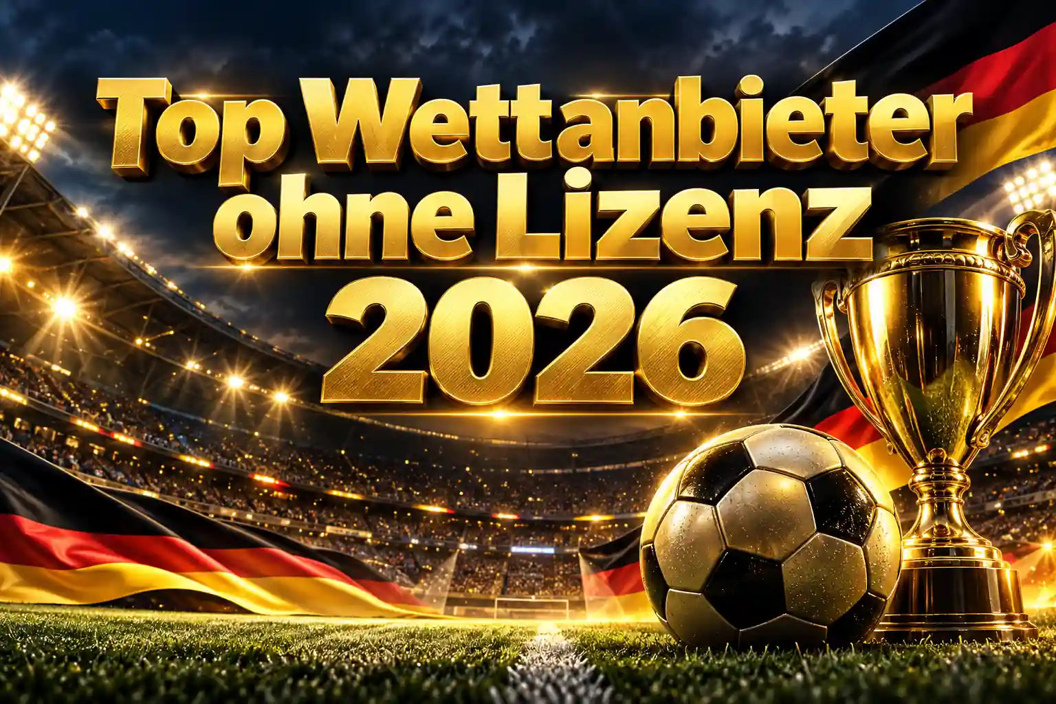 Top Wettanbieter ohne Lizenz 2026 – Sportwetten im Vergleich mit Fußballstadion, goldenem Pokal und deutscher Flagge